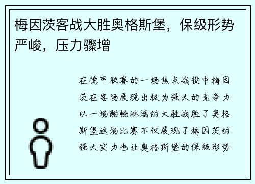 梅因茨客战大胜奥格斯堡，保级形势严峻，压力骤增